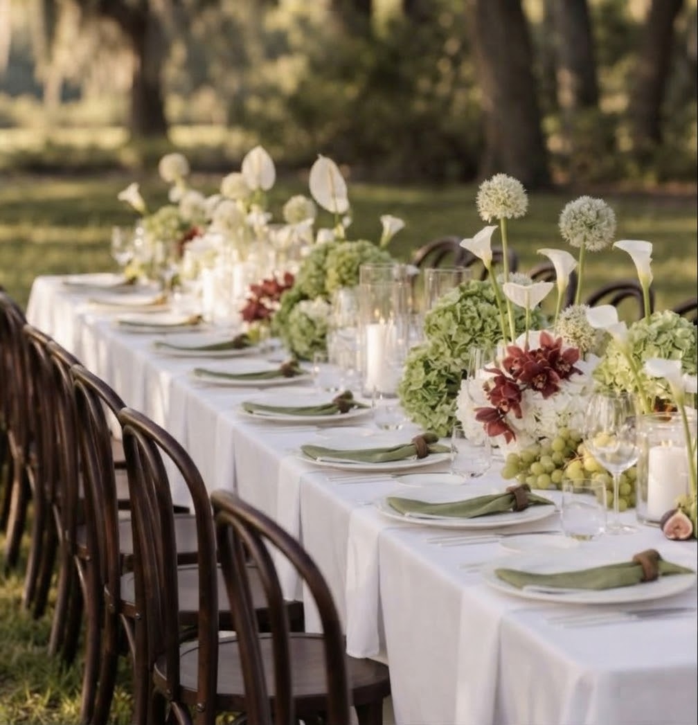 Green napkins and floral arrangements along the engagement party table