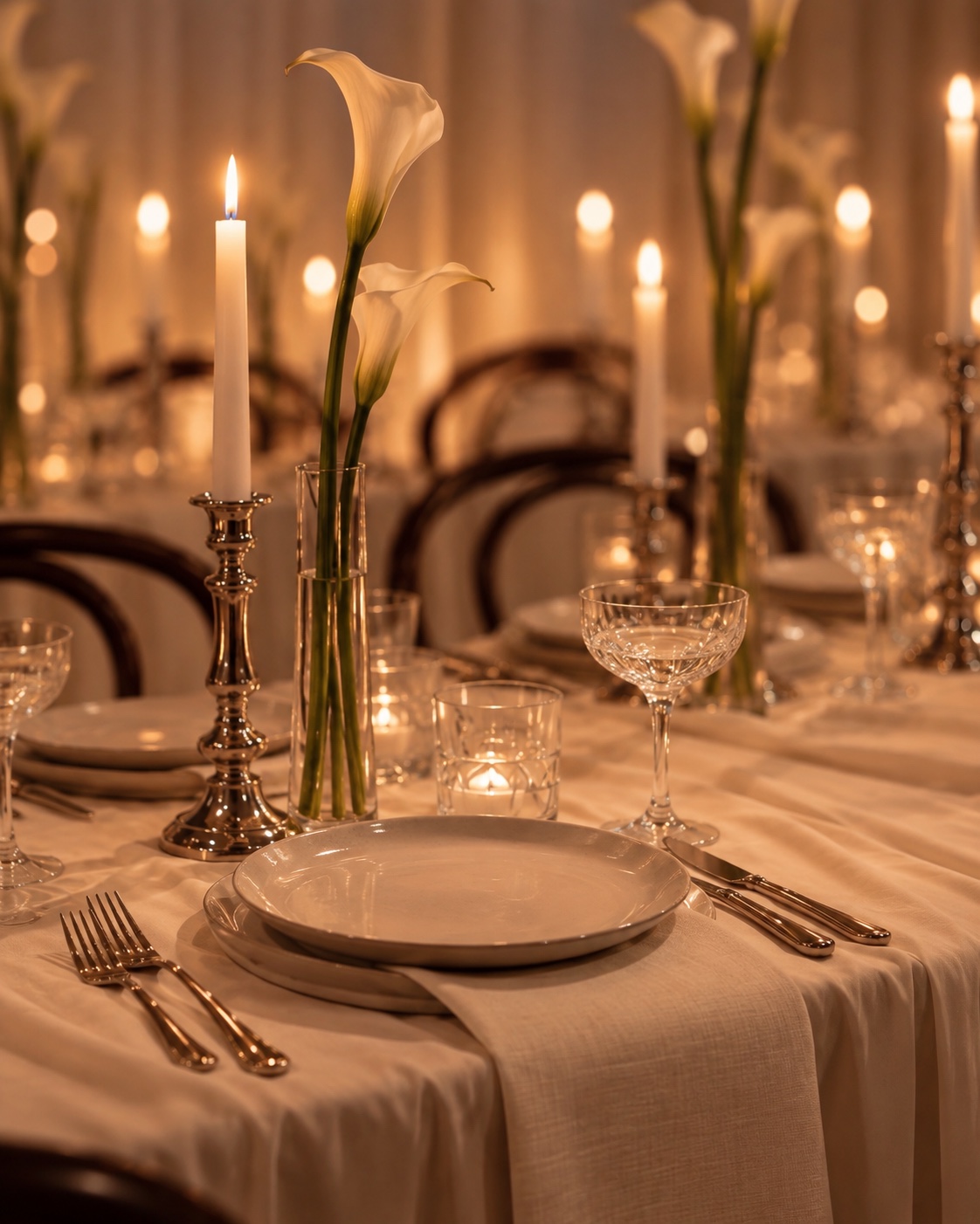 A candlelit engagement party place setting with a calla lily and coupe glass