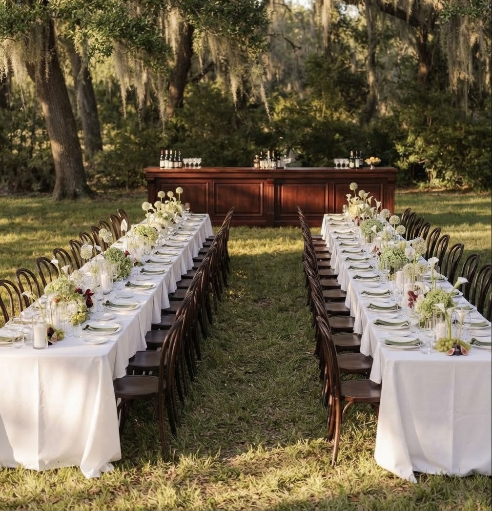 A centered view of both engagement party tables and the bar beneath the trees