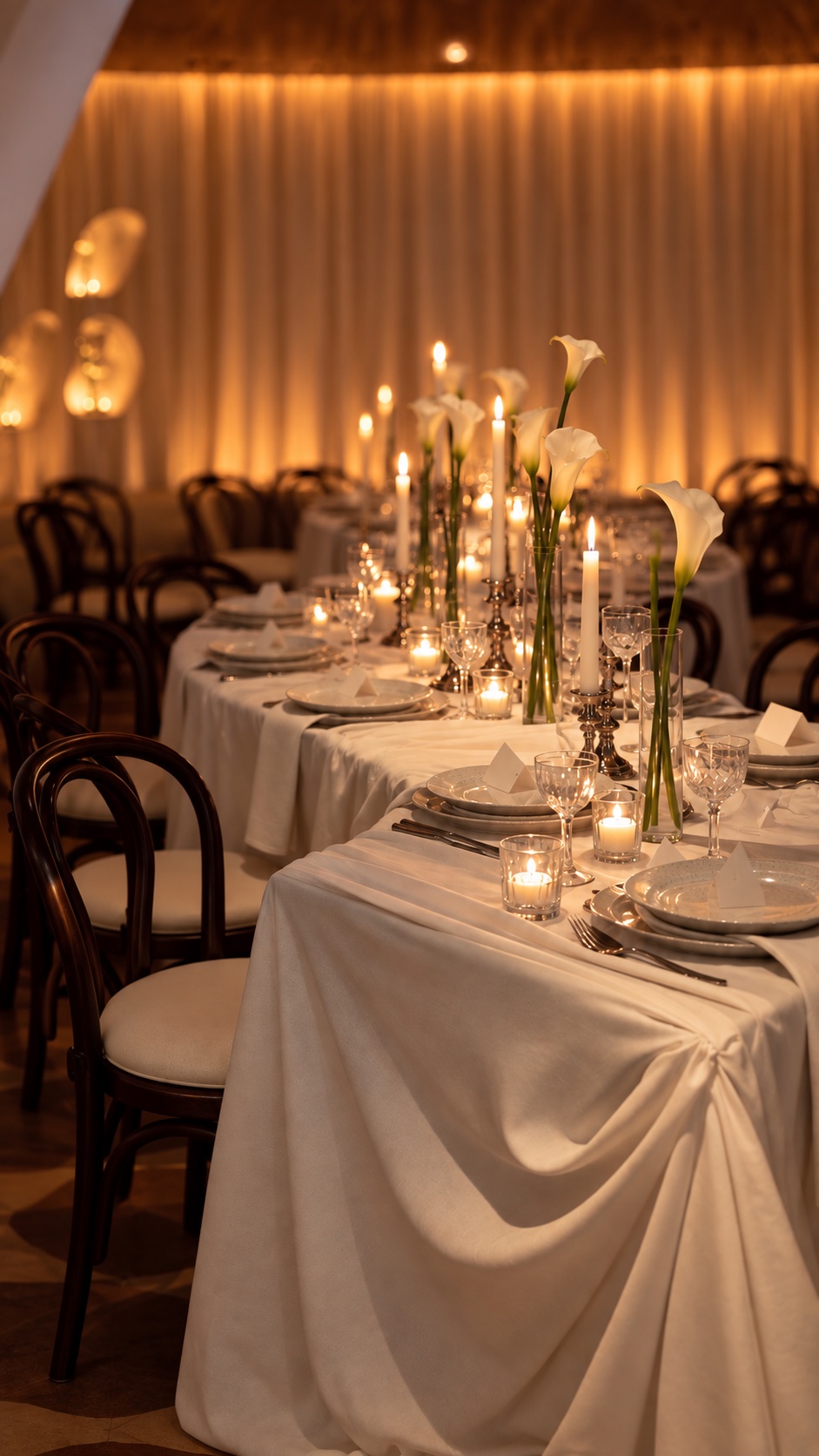 A candlelit perspective across the engagement party tables and calla lilies